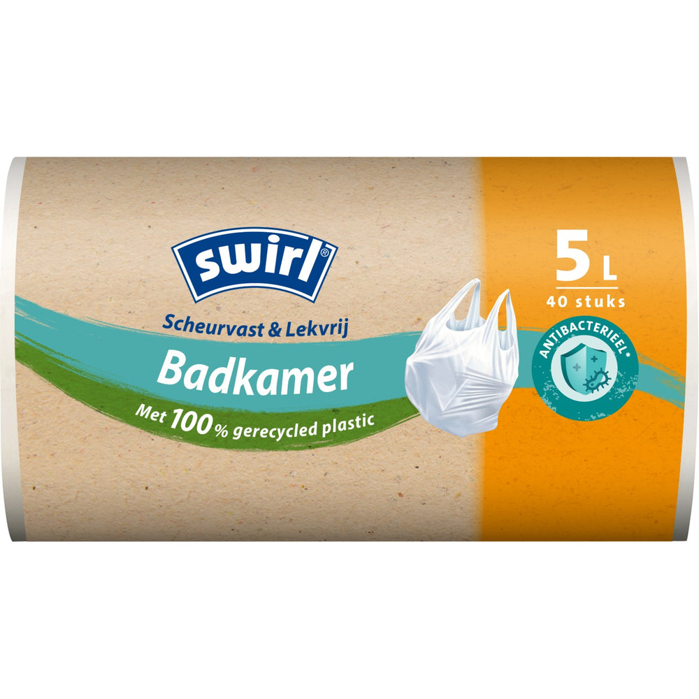 Swirl afvalzakken antibacterieel scheurvast & lekvrij met handvat badkamer 5 liter, rol 40 stuks
