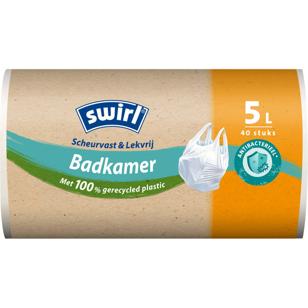 Swirl afvalzakken antibacterieel scheurvast & lekvrij met handvat badkamer 5 liter, rol 40 stuks