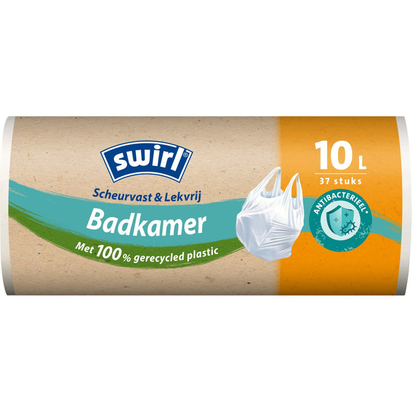 Swirl afvalzakken antibacterieel scheurvast & lekvrij met handvat badkamer 10 liter, rol 37 stuks