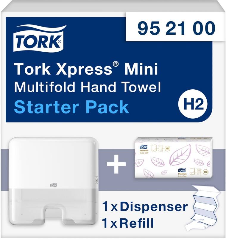 Tork Handdoekdispenser en handdoekjes H2 Xpress Starterpack 29.5 x 10.1 x 30.2 cm Wandmontage Kunststof Wit - (952100)