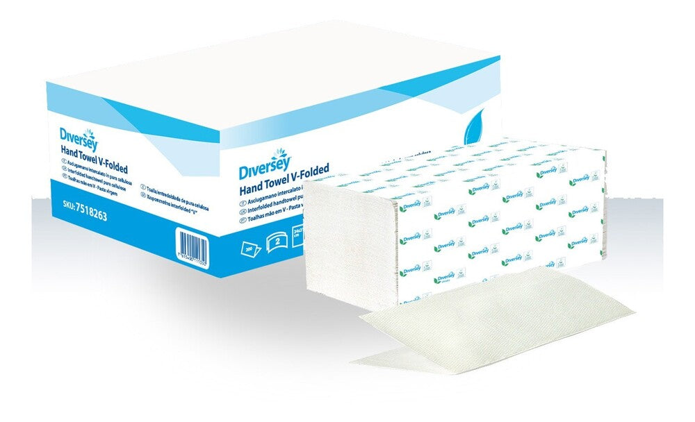 Diversey vouwhanddoek cellulose V-vouw 2-laags wit 24 x 21,5 cm, pak 200 stuks